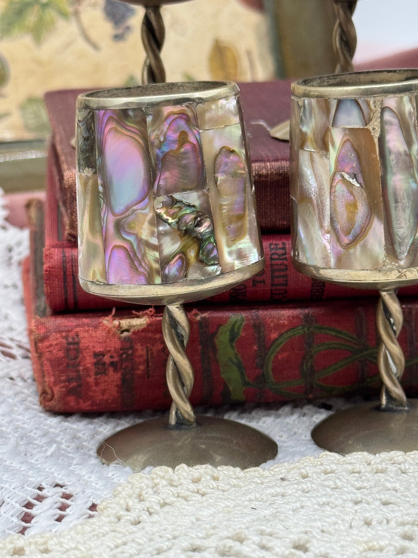 Alpaca Mexico Mother Of Pearl / Abalone Set Of 6 Plated Shot Aperitif Glasses