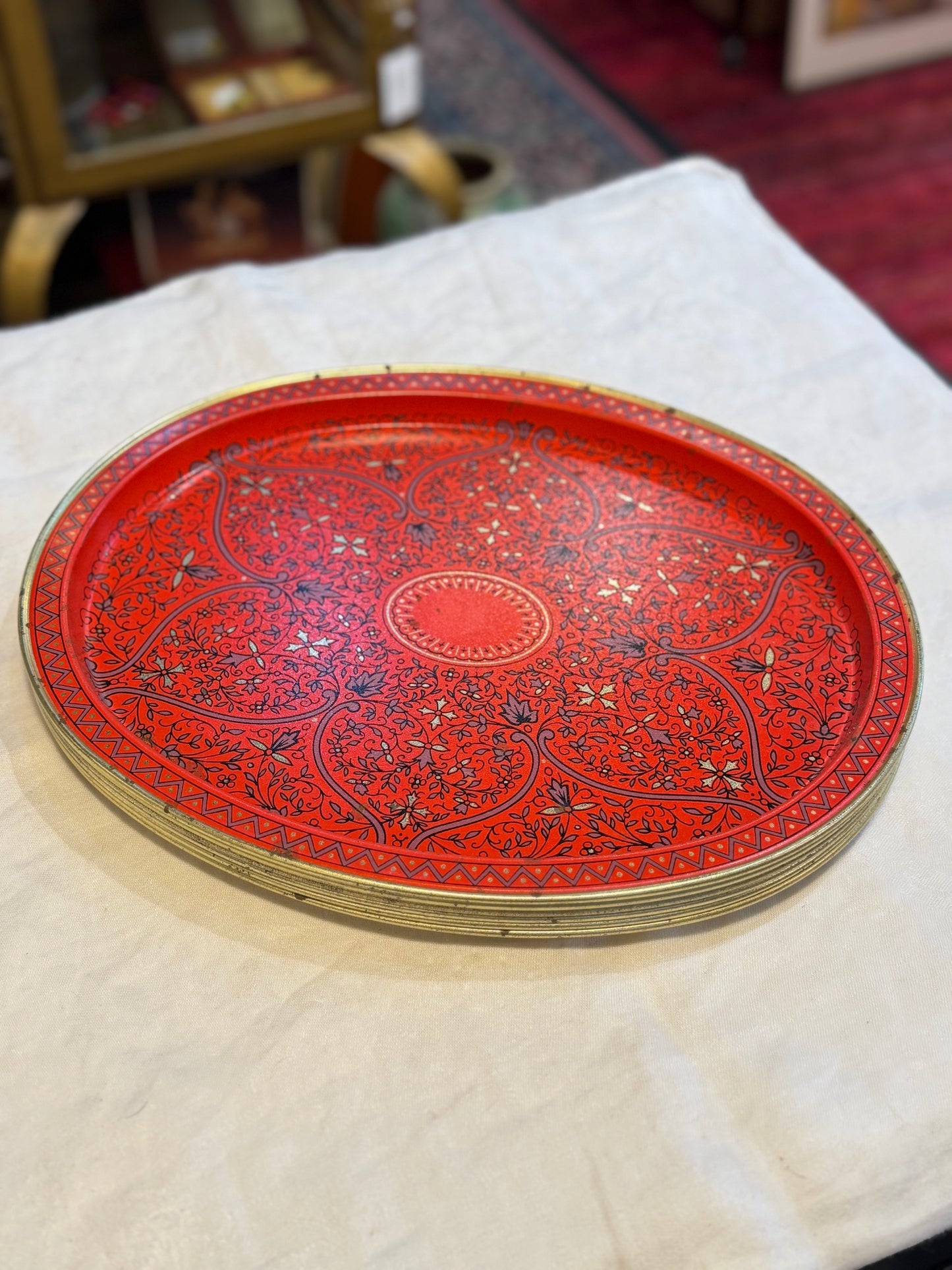 Set of (6) Six Mid Century Style Oval Tin Metal Serving Trays - Red / Gold / Purple Scroll Pattern