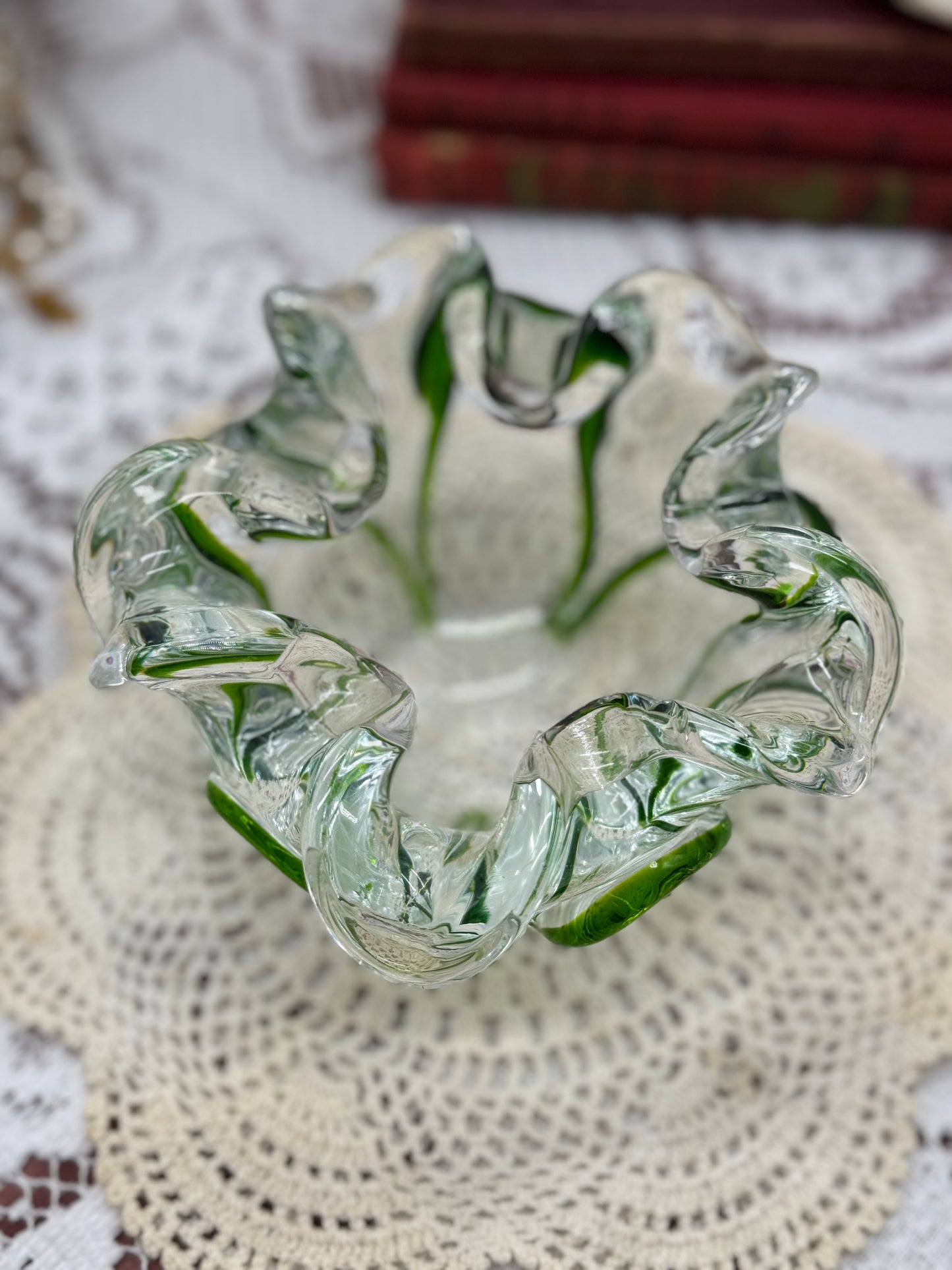 Green and Clear Blown Glass Candy Dish, Ashtray, or Bowl