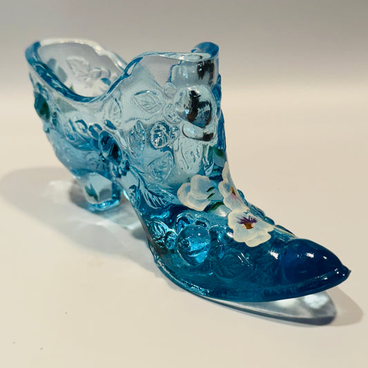 Fenton Handpainted Daisy Button Blue Floral Glass Shoe