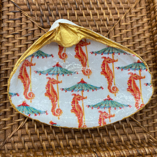 Large Clam Shell Gilded Decoupage, Trinket Dish, Jewelry Tray, Gift, Ornament, Event Favor