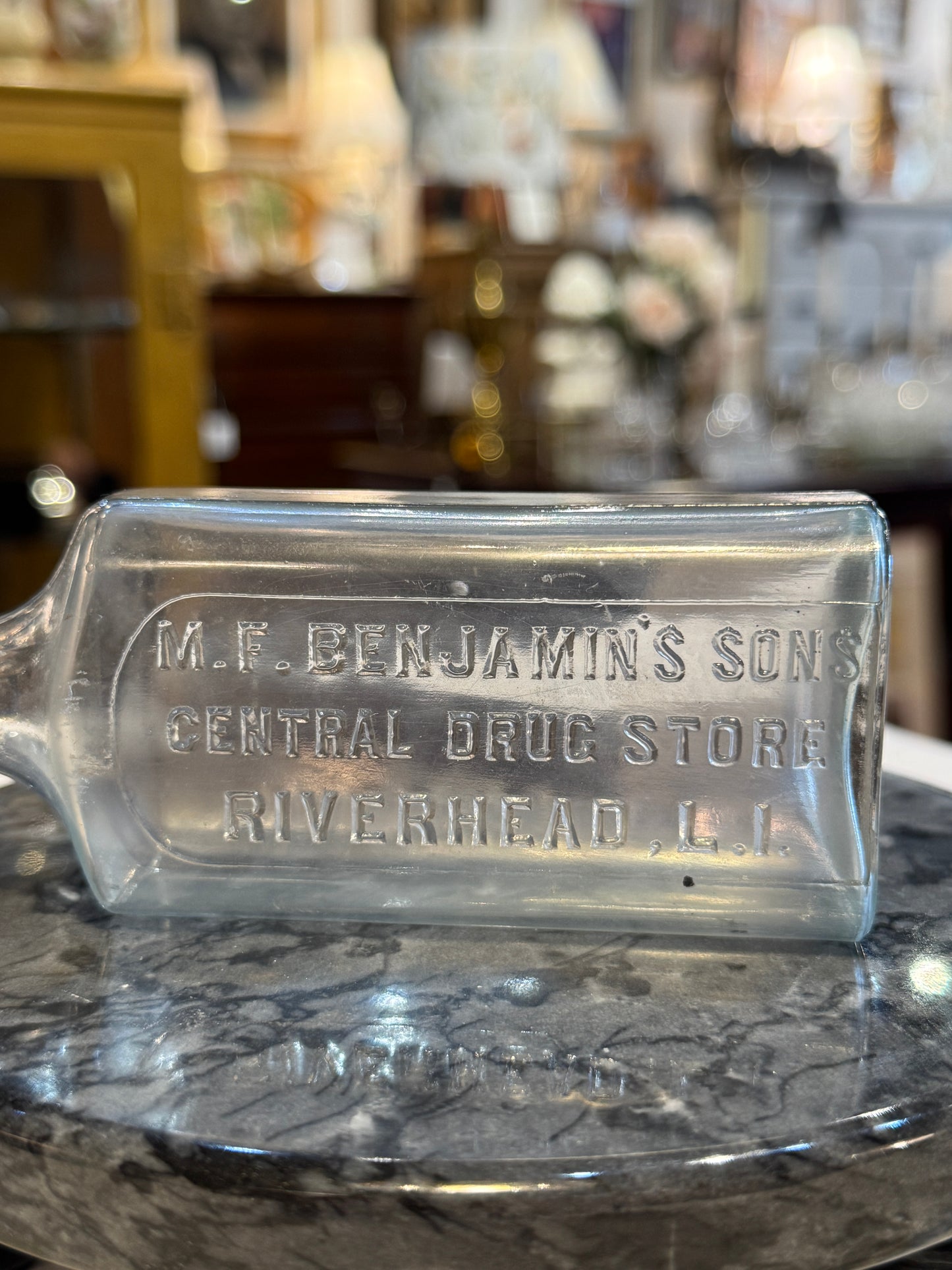 M.F. Benjamin's Sons General Drug Store, Riverhead, Long Island - 5.25" Medicine Bottle