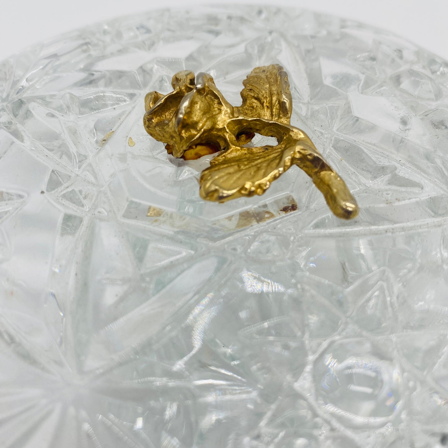 Clear Glass Trinket Dish with Lid and Rose Metal Applique