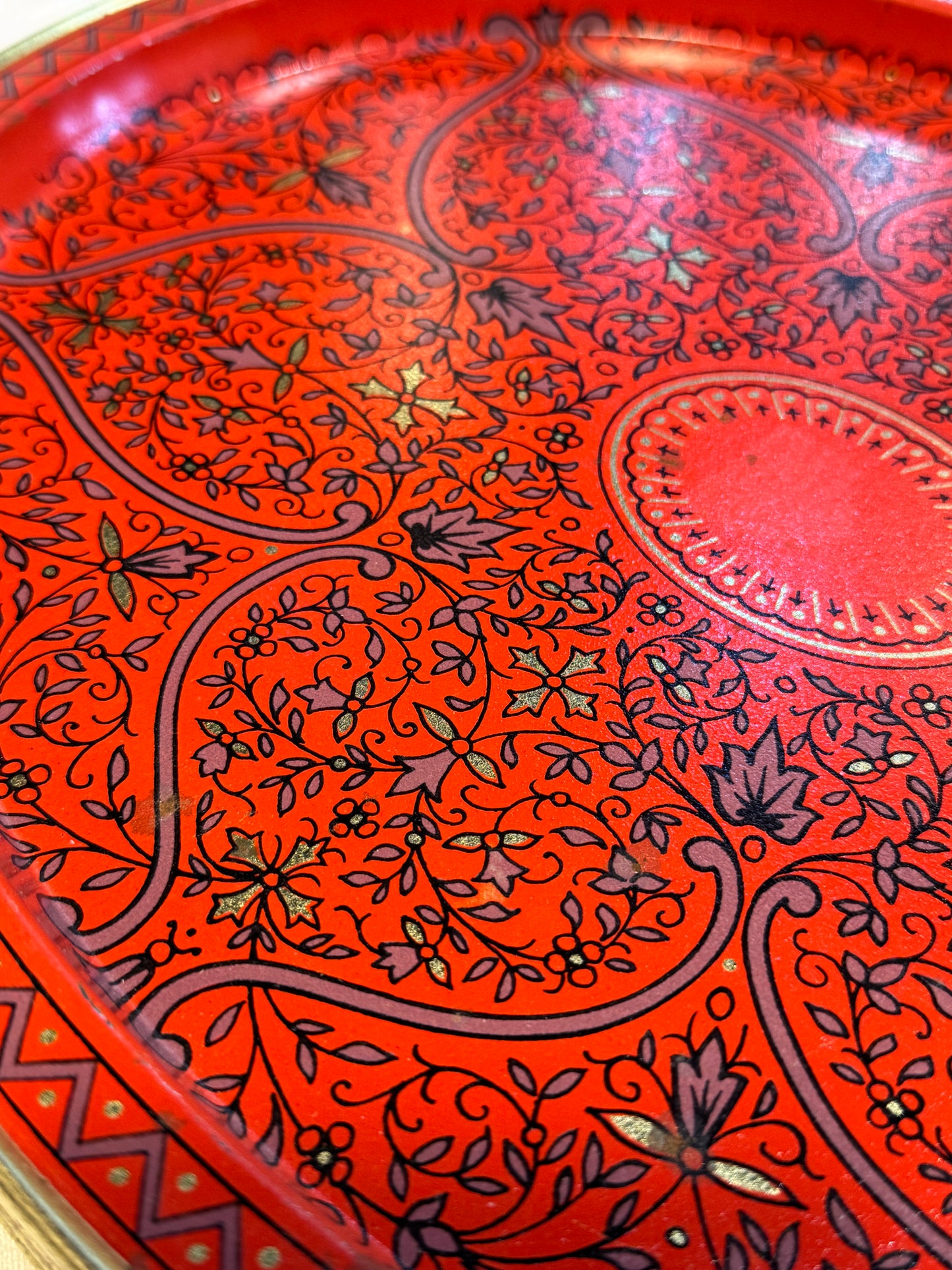 Set of (6) Six Mid Century Style Oval Tin Metal Serving Trays - Red / Gold / Purple Scroll Pattern
