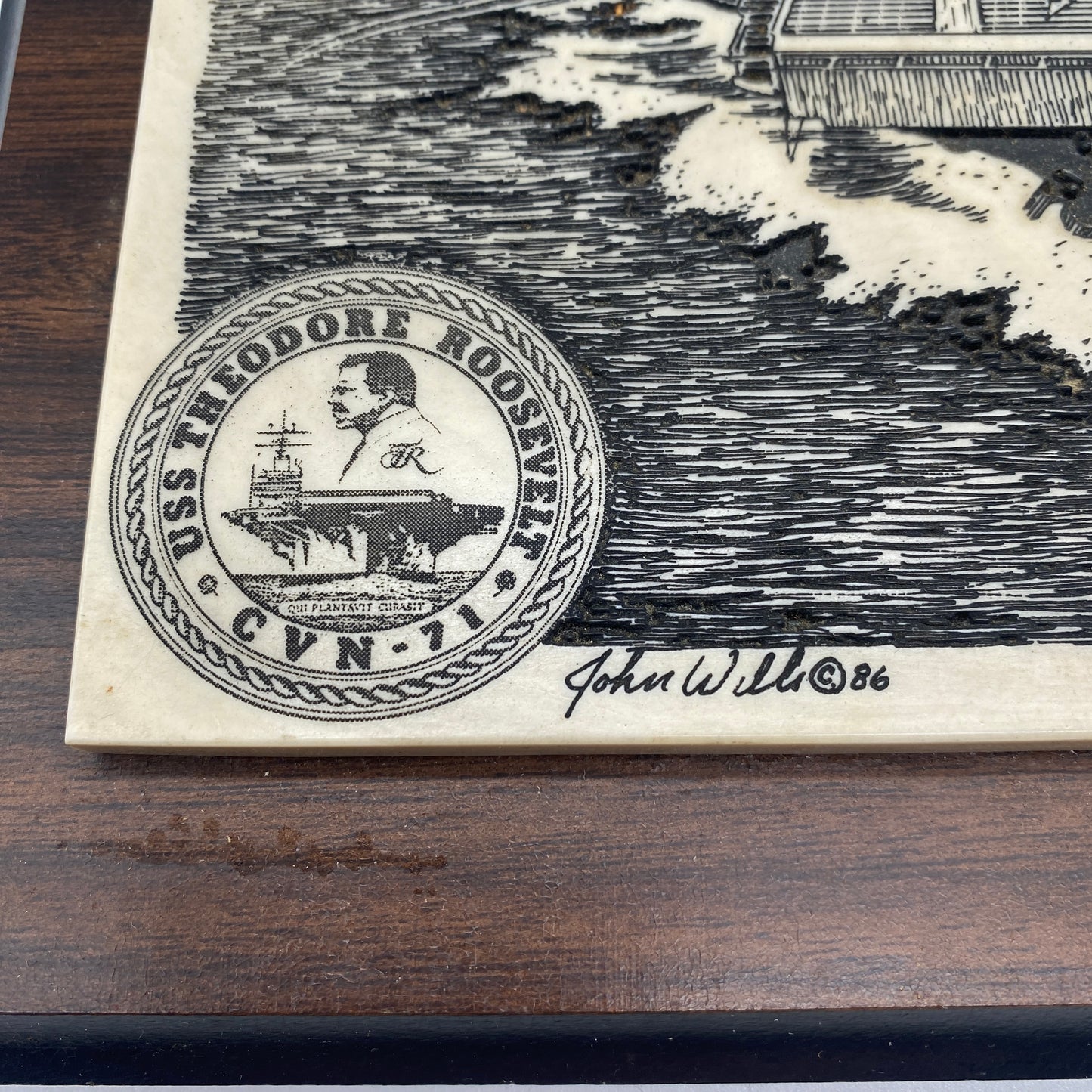 Carved Marble and Wood USS Theodore Roosevelt CVN-71 Plaque