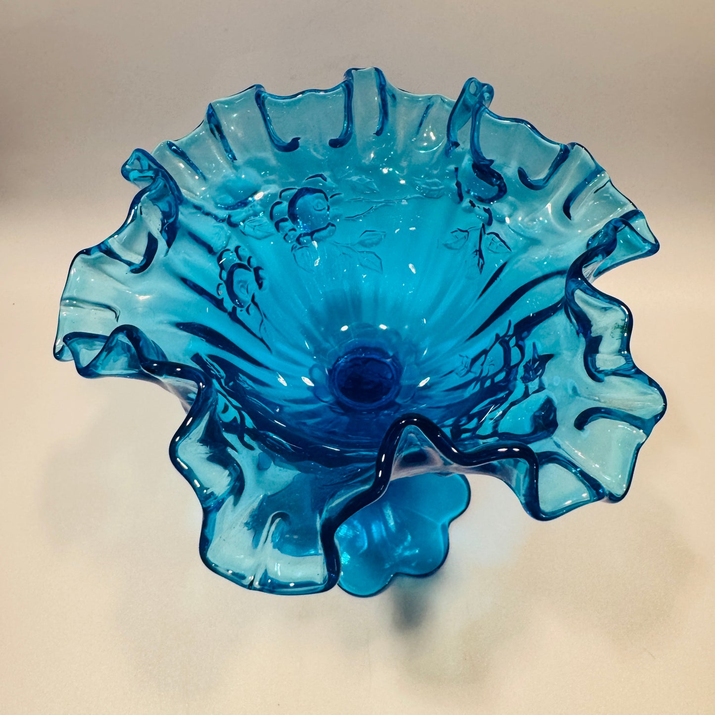 Fenton Colonial Blue Cabbage Rose Ruffled Edge Compote