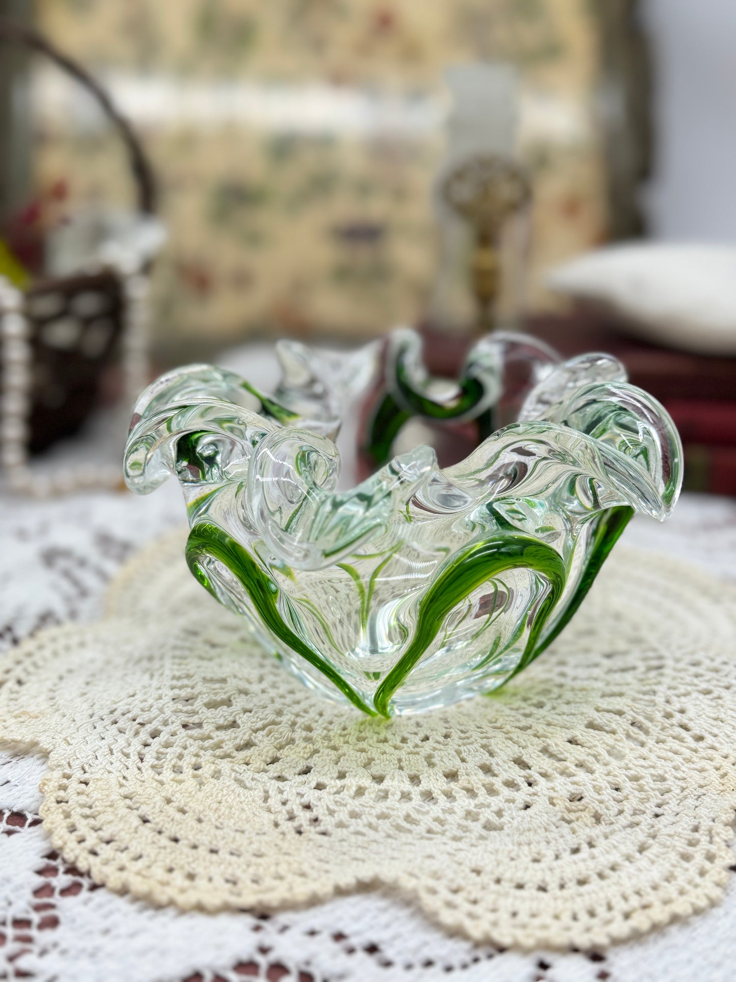 Green and Clear Blown Glass Candy Dish, Ashtray, or Bowl