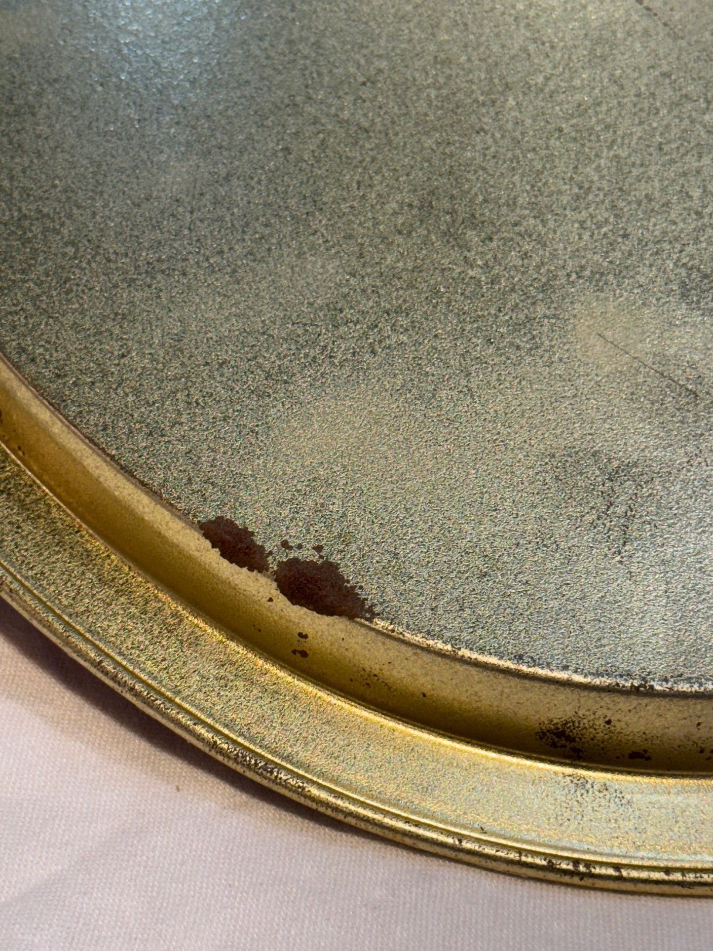 Set of (6) Six Mid Century Style Oval Tin Metal Serving Trays - Red / Gold / Purple Scroll Pattern