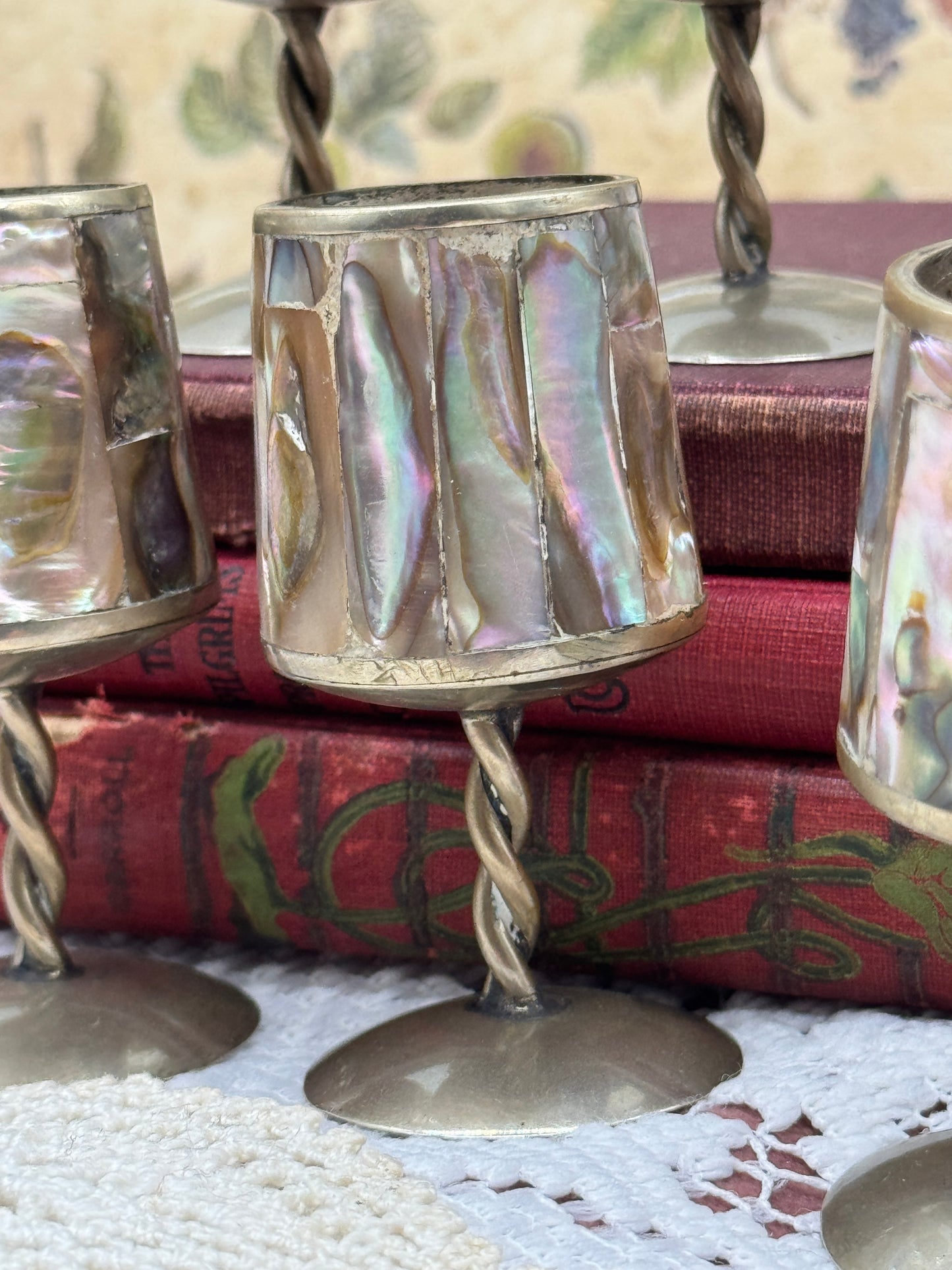 Alpaca Mexico Mother Of Pearl / Abalone Set Of 6 Plated Shot Aperitif Glasses