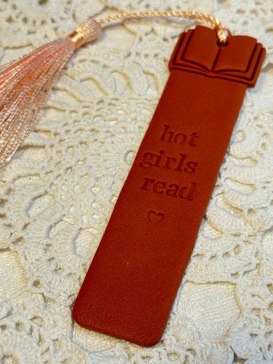 Hot Girls Read Stamped Bookmark - Clay Colored, Leather Feel, Pink Tassel