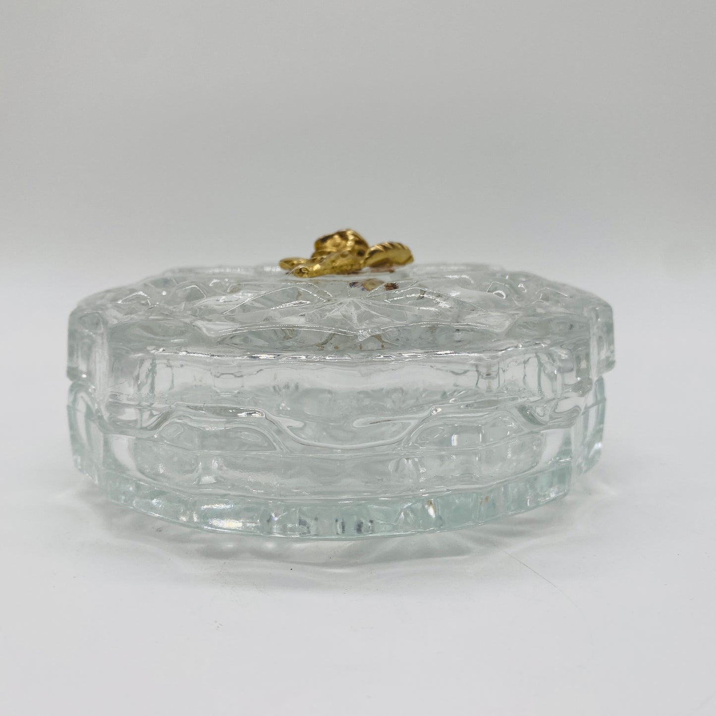 Clear Glass Trinket Dish with Lid and Rose Metal Applique