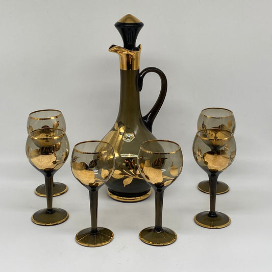 Mid Century Smoke and Gilt Decanter Set - 7 Pieces