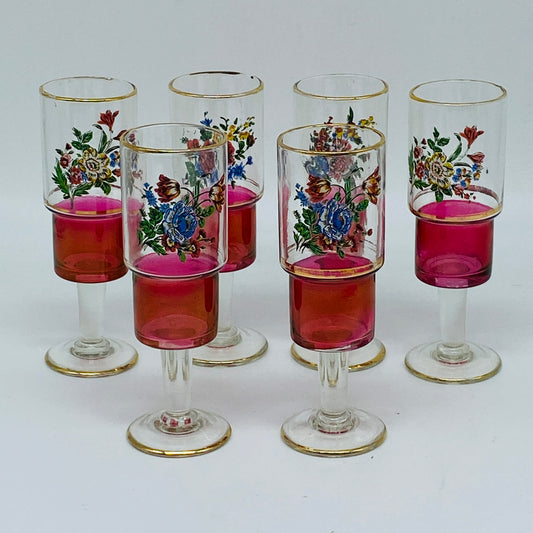 Set of Six Ruby Flash Floral Cordial Glasses