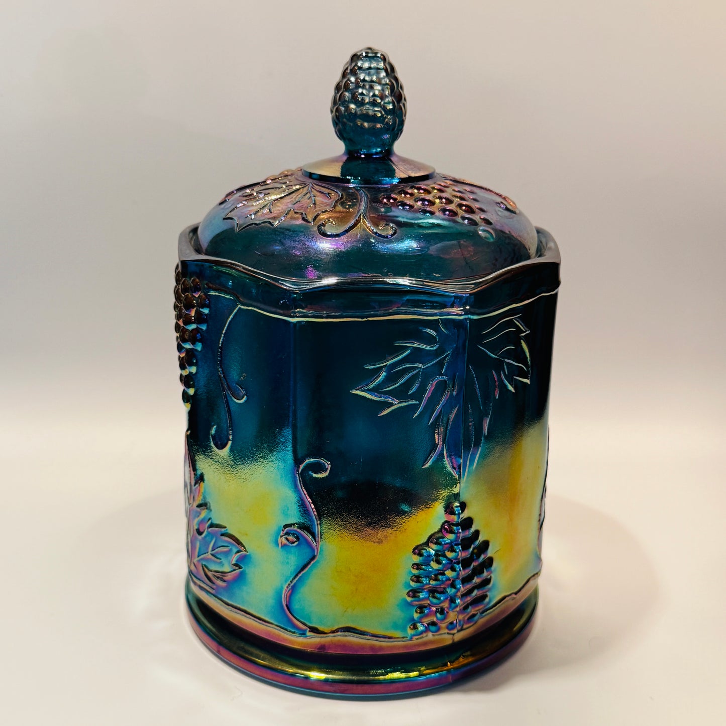 Blue Carnival Glass Lidded Candy Dish