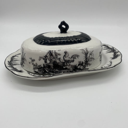 Aux Au Provence Black and White Rooster Butter Dish - 2 Pieces