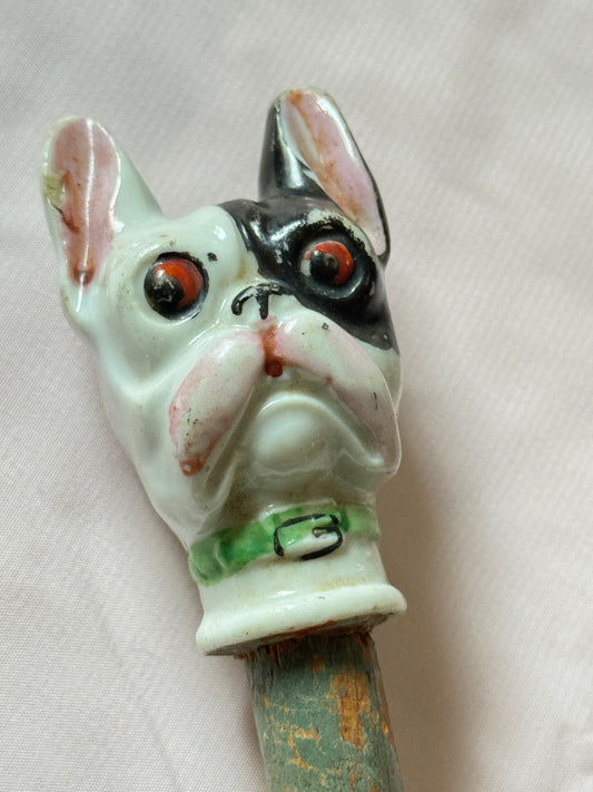 Ceramic French Bulldog Head Carnival Cane - Topper and Stick, Black and White with Green Collar, Grey Stick