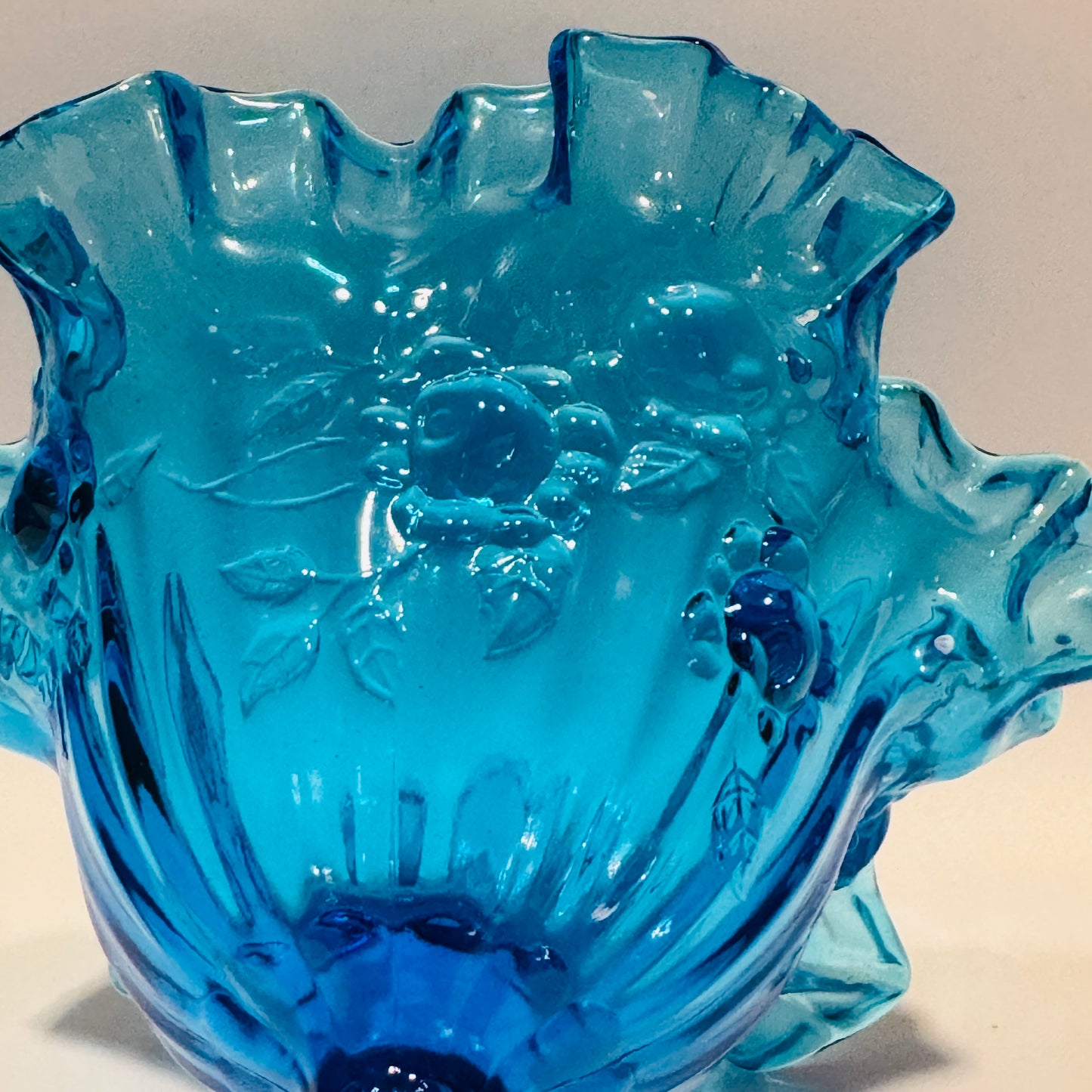 Fenton Colonial Blue Cabbage Rose Ruffled Edge Compote