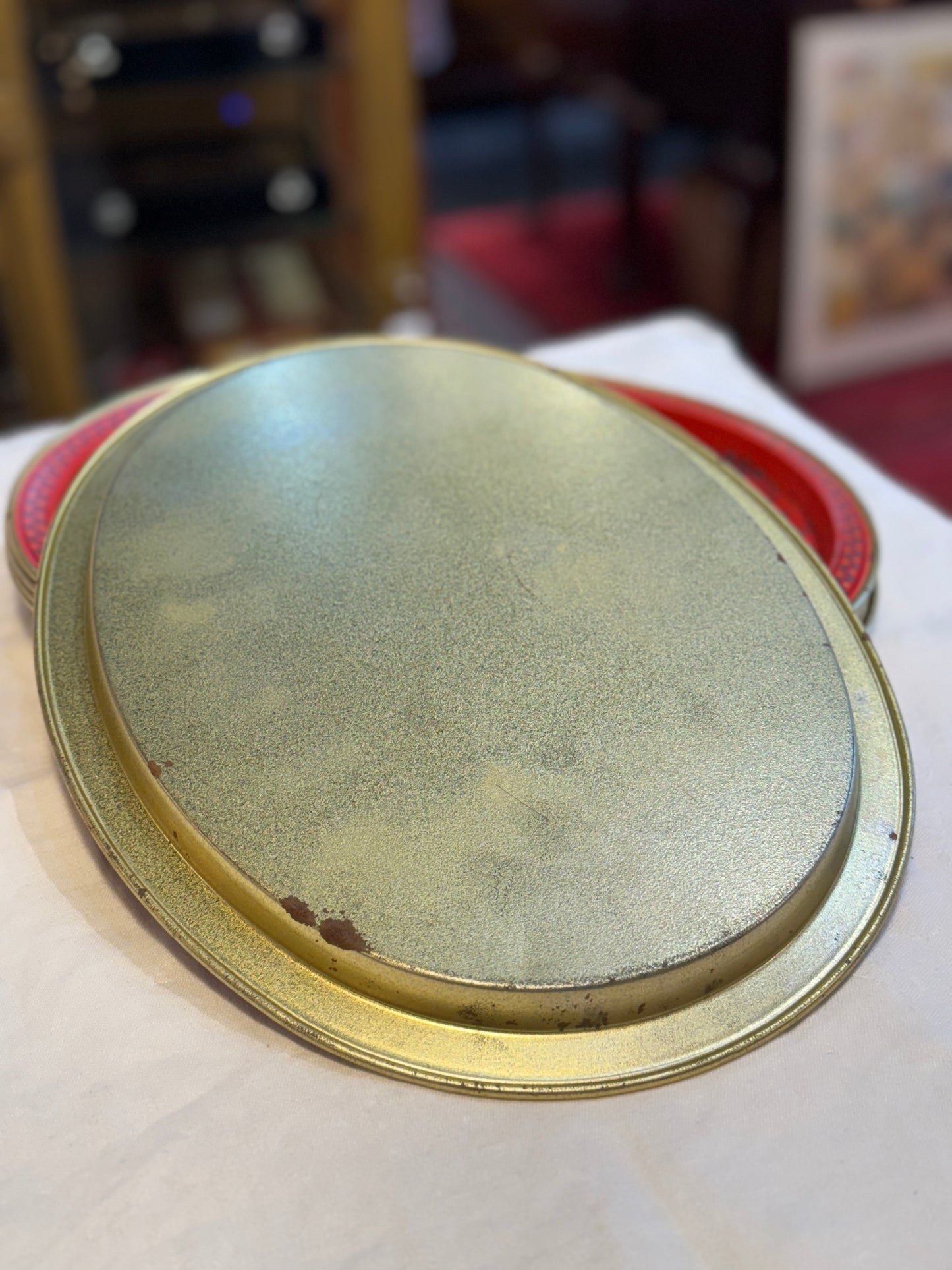 Set of (6) Six Mid Century Style Oval Tin Metal Serving Trays - Red / Gold / Purple Scroll Pattern