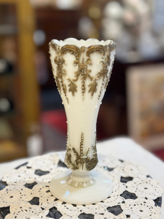 Milk Glass Bud Vase with Antique Gold Accent