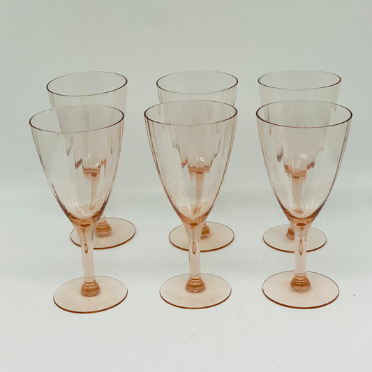 Set of Six Pink Depression Stemmed Wine Glasses