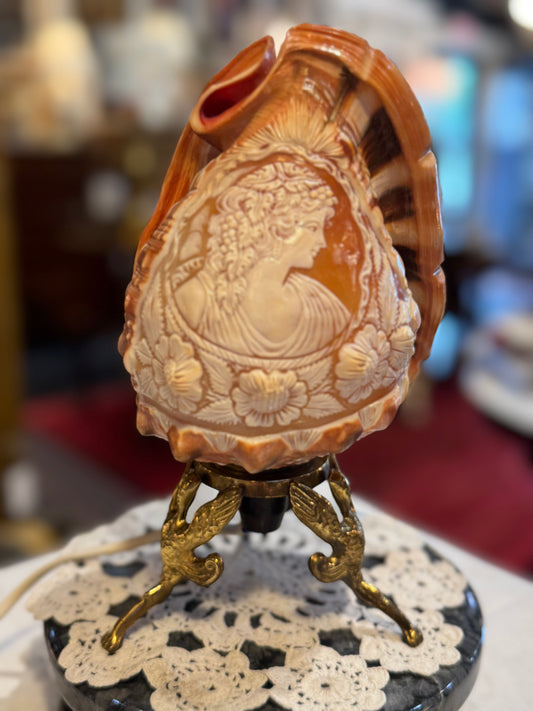 Cameo Scene Carved Conch Shell Lamp on Brass Footed Vase