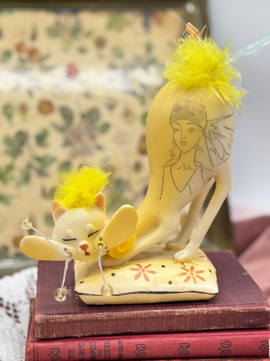 Vintage Yellow Whimsical Resin Cat Figurine Sitting on Pillow with Carved Fashion Portrait