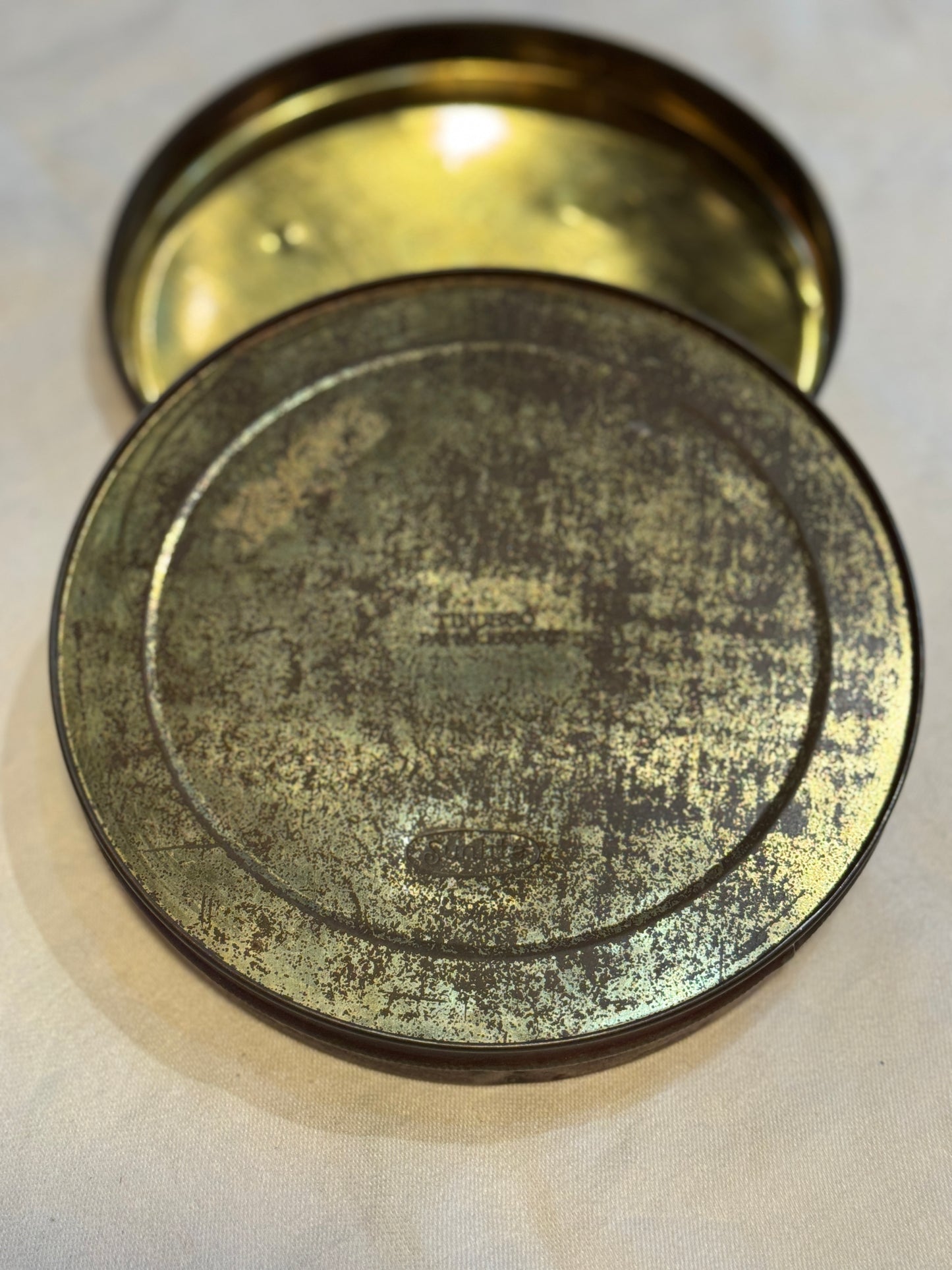 Vintage Sunlite Tindeco Round Tin - Victorian Woman at Desk