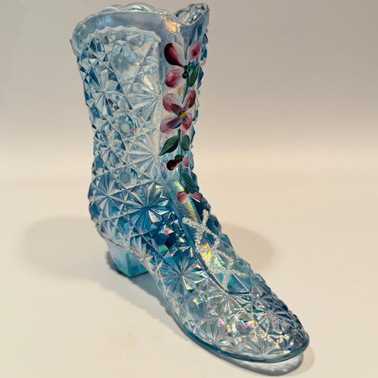 Fenton Handpainted Daisy Button Blue Floral Glass Boot