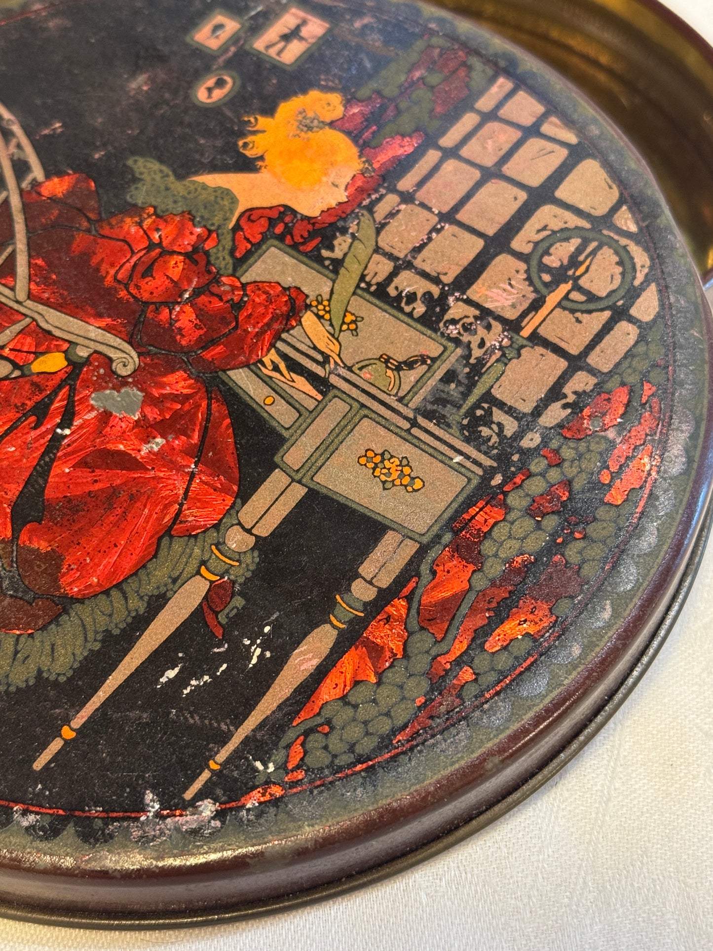 Vintage Sunlite Tindeco Round Tin - Victorian Woman at Desk