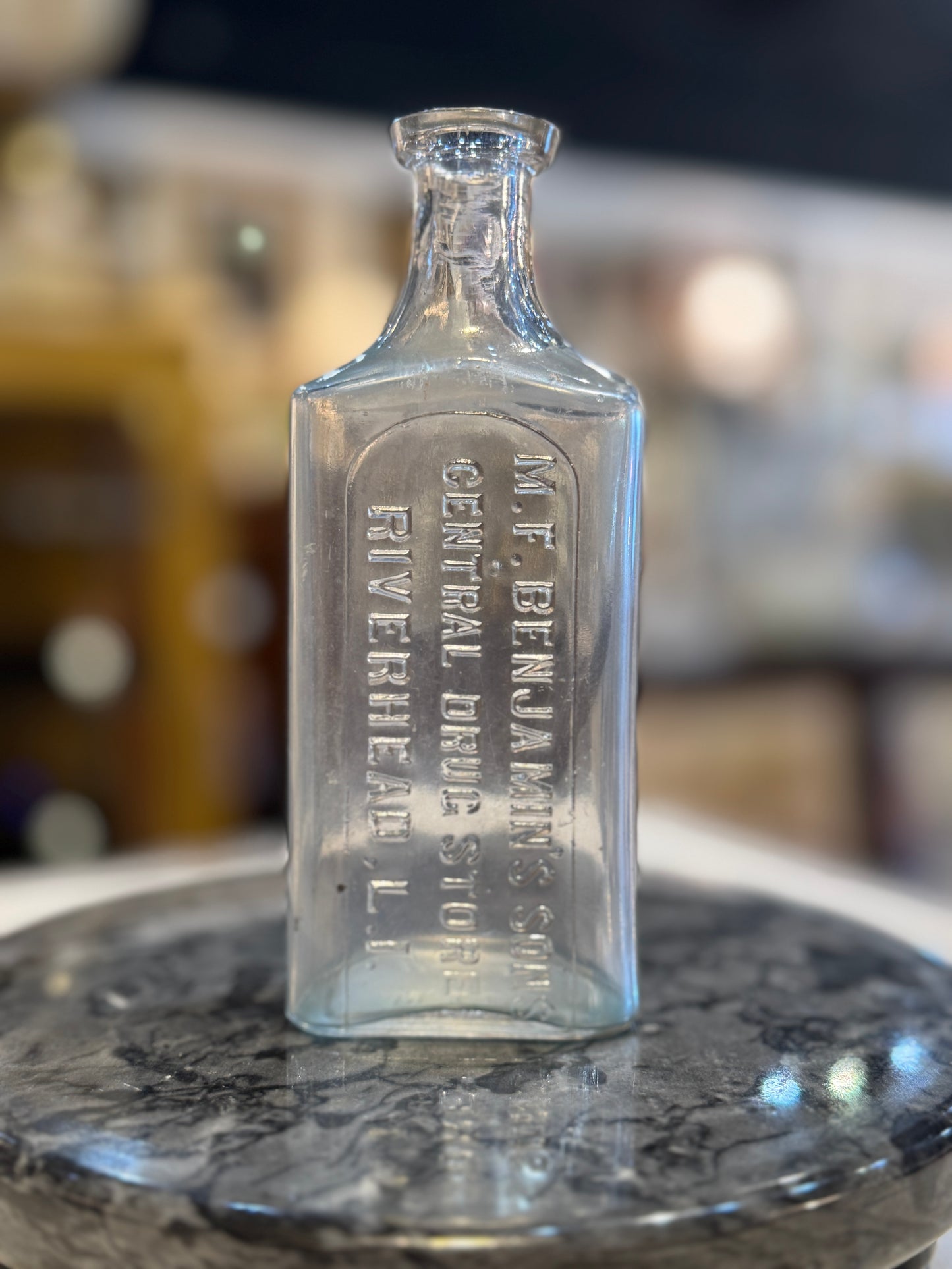 M.F. Benjamin's Sons General Drug Store, Riverhead, Long Island - 5.25" Medicine Bottle