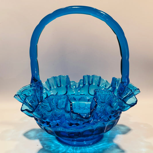 Fenton Cobalt Thumbprint Handled Glass Basket