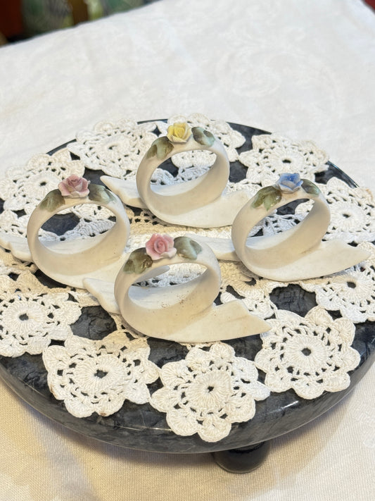 Set of (4) Four Porcelain Rose Colored Napkin Rings