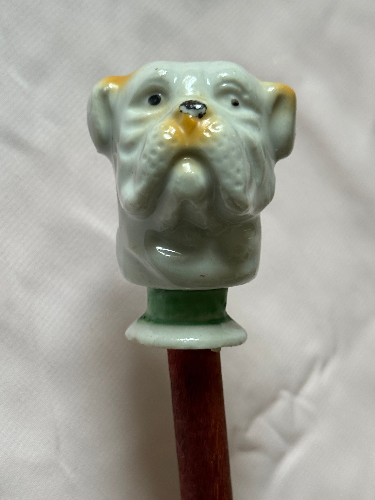 Ceramic Bulldog Head Carnival Cane - Topper and Stick, White and Tan with Green Collar, Red Stick