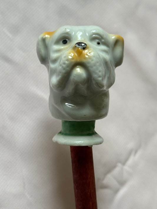 Ceramic Bulldog Head Carnival Cane - Topper and Stick, White and Tan with Green Collar, Red Stick