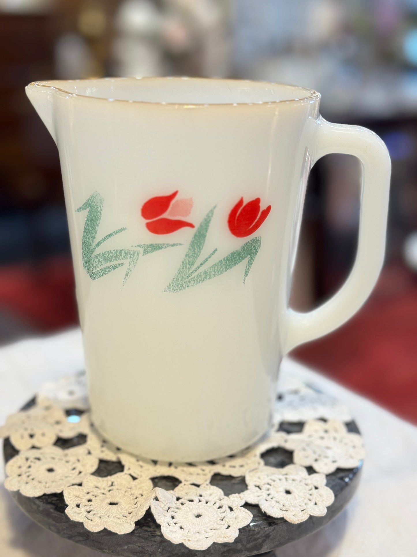 Termocrisa Milk Glass Pitcher with Red Tulip Pattern