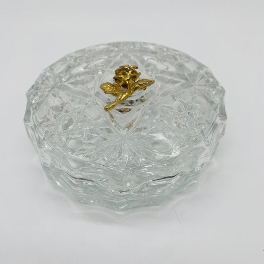 Clear Glass Trinket Dish with Lid and Rose Metal Applique