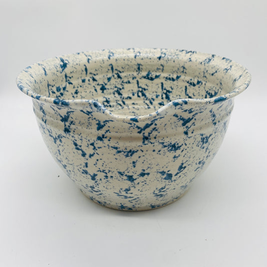 Blue Spongeware Pottery Mixing Bowl with Pour Spout