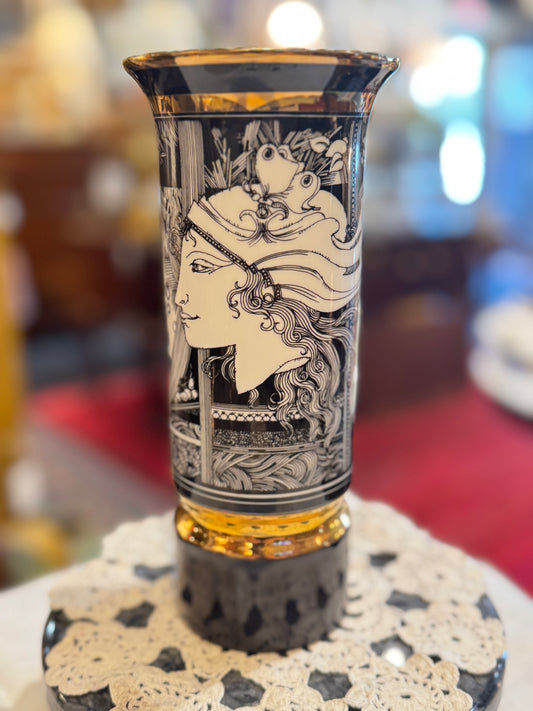 Endre Szasz Hollohaza Tall Vase - Black, White, Gold Figural Woman and Butterfly Garden