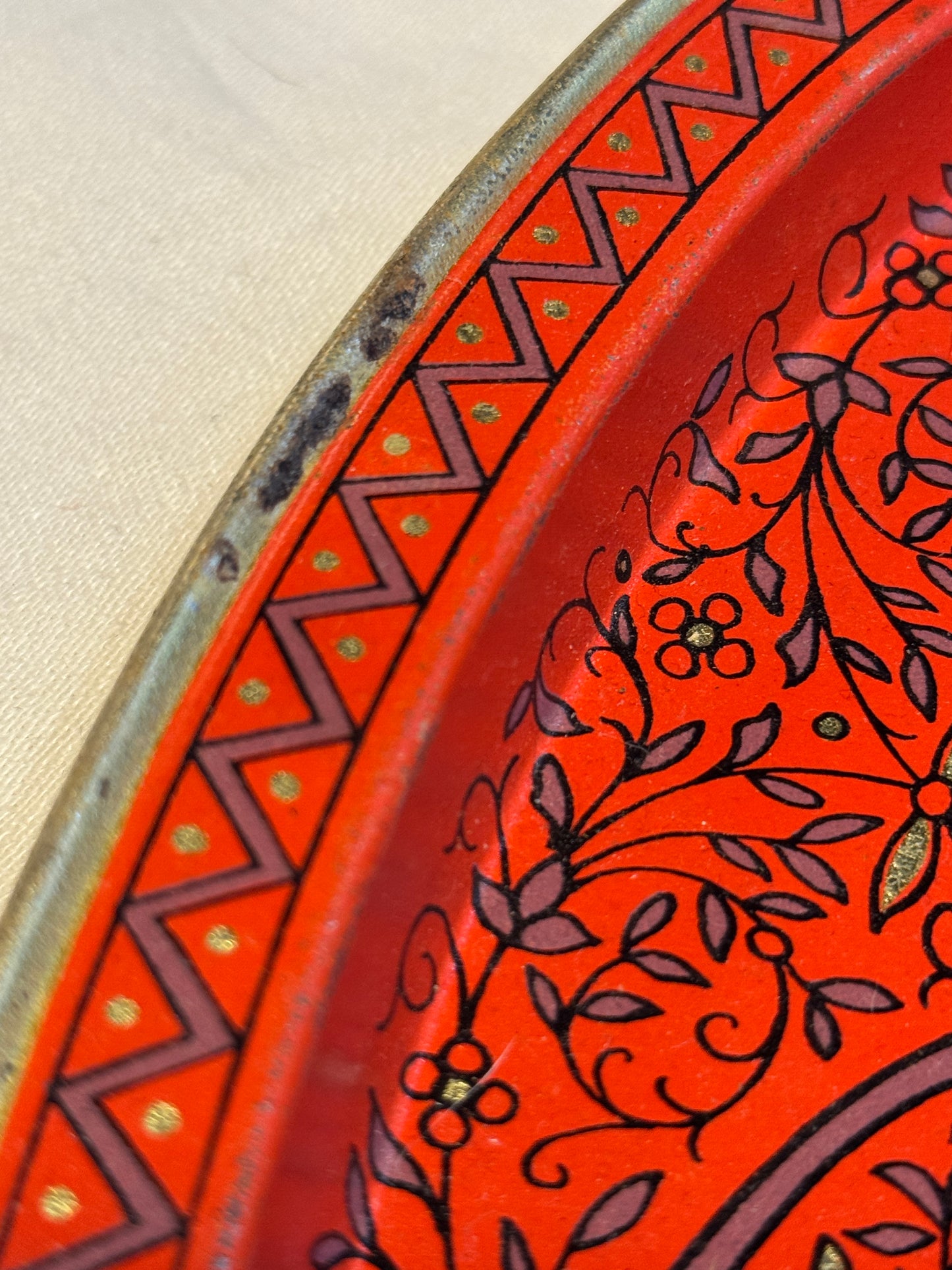 Set of (6) Six Mid Century Style Oval Tin Metal Serving Trays - Red / Gold / Purple Scroll Pattern