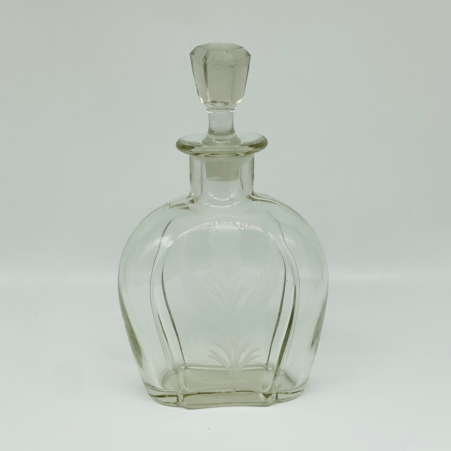 Etched Thistle Glass Decanter with Two Etched Champagne Glasses