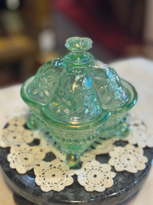 Fenton Aqua Green Florentine Carnival Glass Lidded Candy Dish