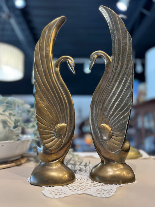 Art Deco Brass Swan Pair of Bookend Sculptures