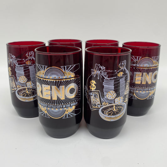 Ruby Red and Gold Reno Casino Drinking Glasses - Set of 6